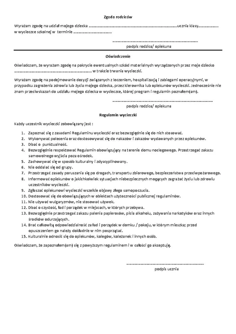 Zgoda na wycieczkę szkolną